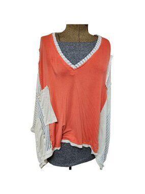 POL Colorblock Oversized V Neck Top Womens L Coral Cream Waffle Knit Contrast